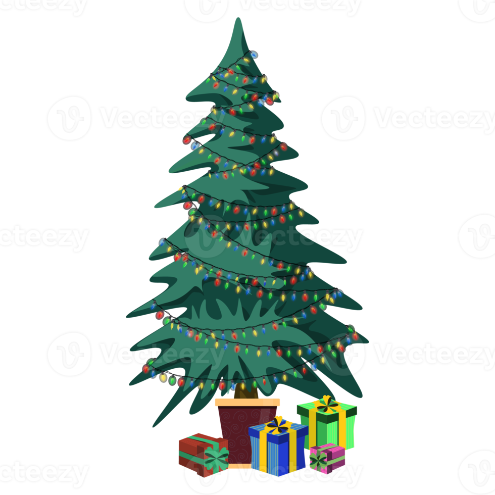 Christmas tree with gifs. Colorful PNG illustration.