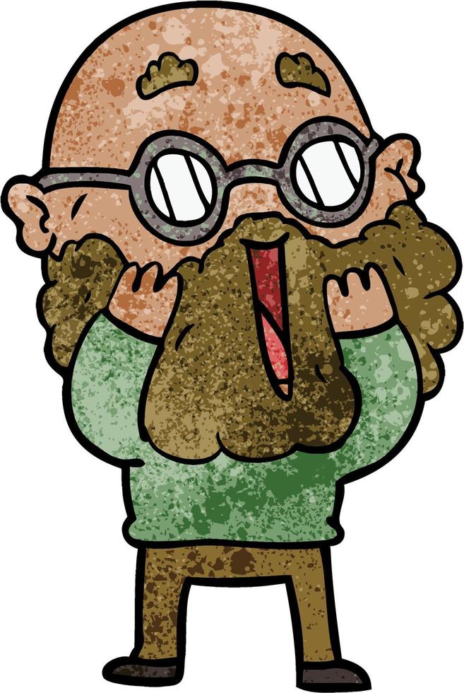 Retro grunge texture cartoon man with beard wearing glasses vector