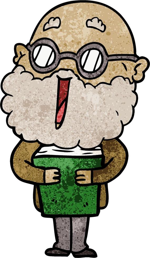 Retro grunge texture cartoon man with beard wearing glasses vector