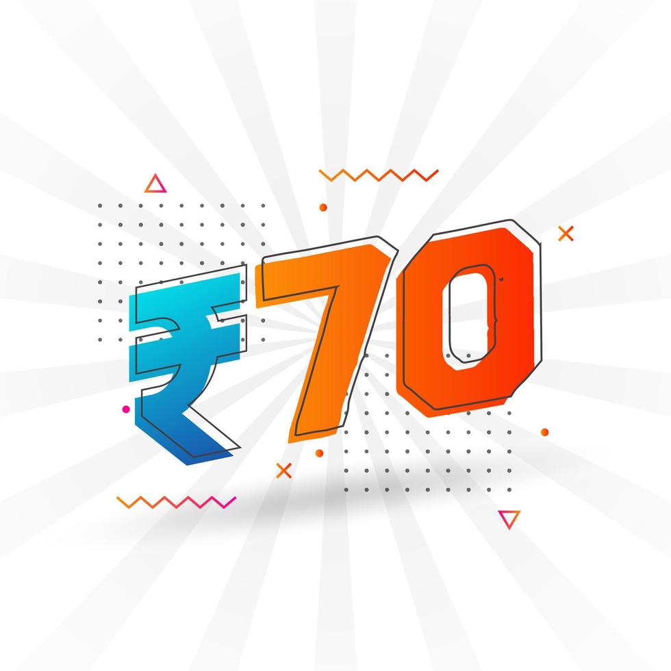 Imagen de moneda vectorial de 70 rupias indias. Ilustración de vector de texto en negrita de símbolo de 70 rupias