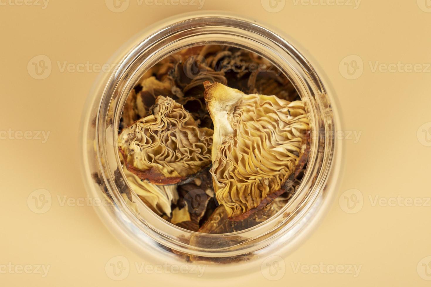 red dried fly agaric in a jar for shamanic rituals and deep trips, natural muscarine mushrooms for microdosing photo