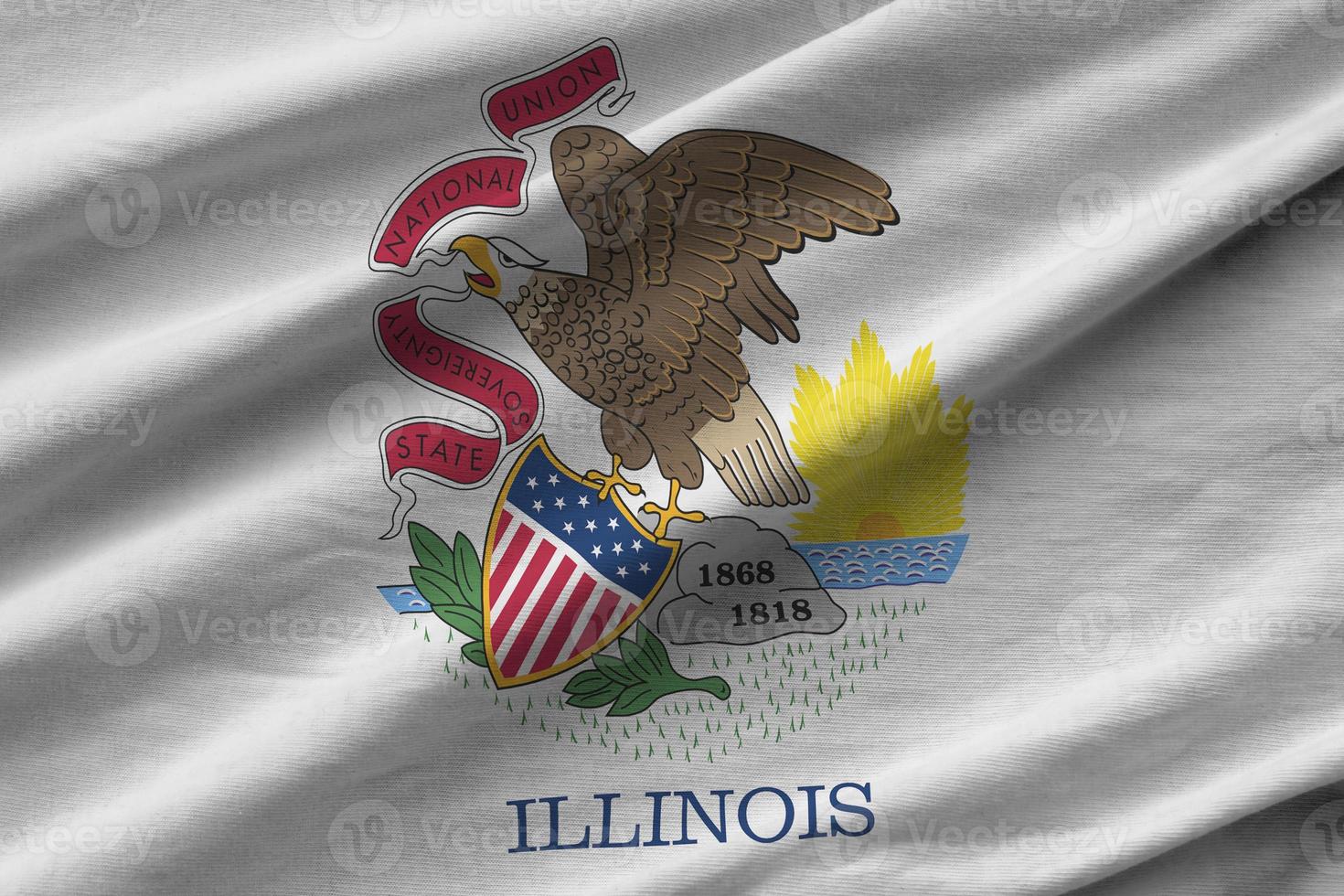 Illinois US state flag with big folds waving close up under the studio light indoors. The official symbols and colors in banner photo