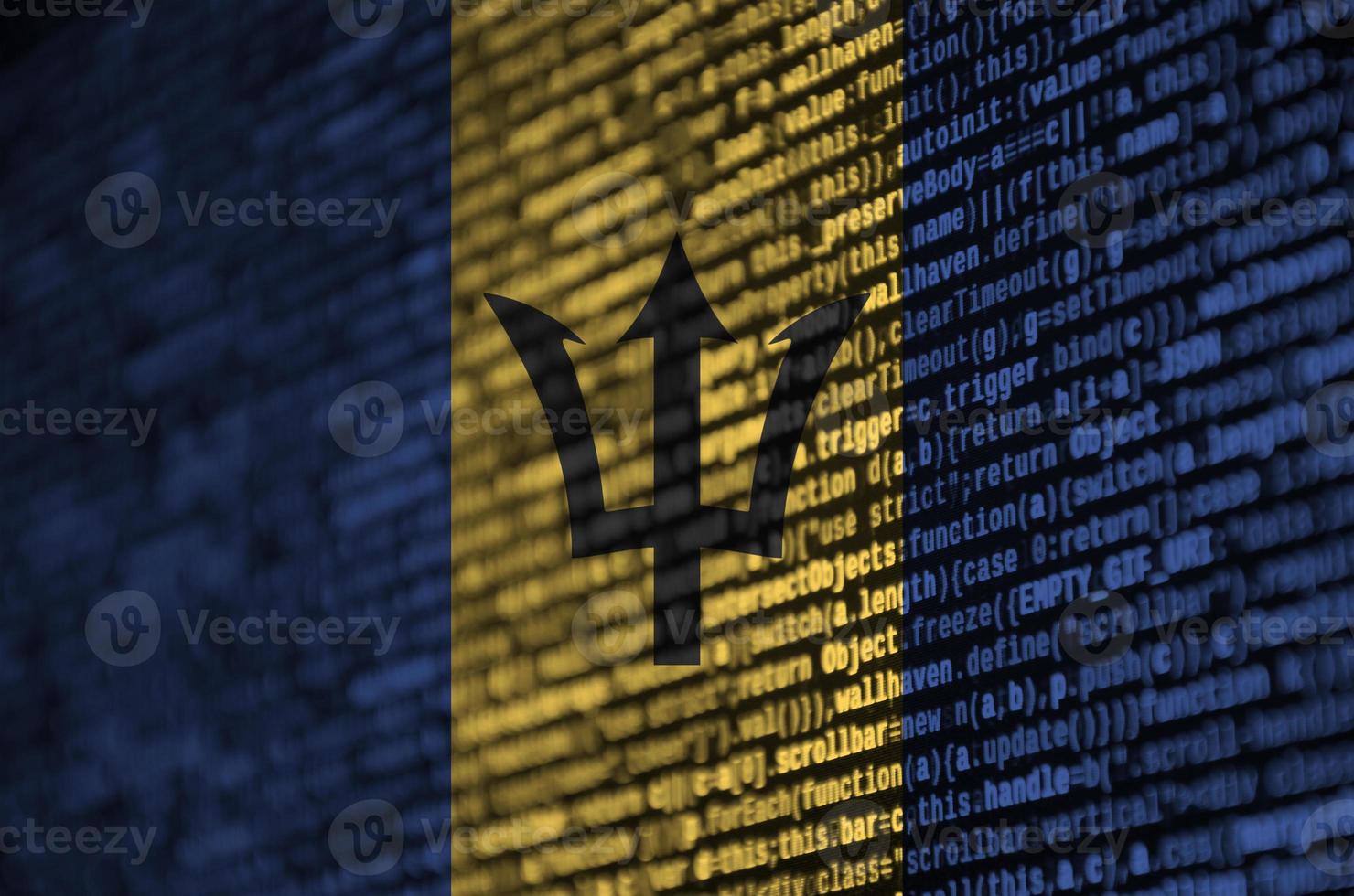 Barbados flag is depicted on the screen with the program code. The concept of modern technology and site development photo