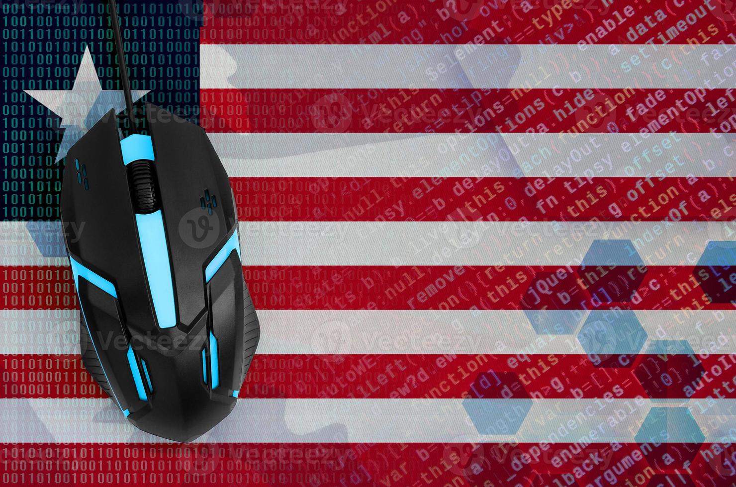 Liberia flag and computer mouse. Digital threat, illegal actions on the Internet photo