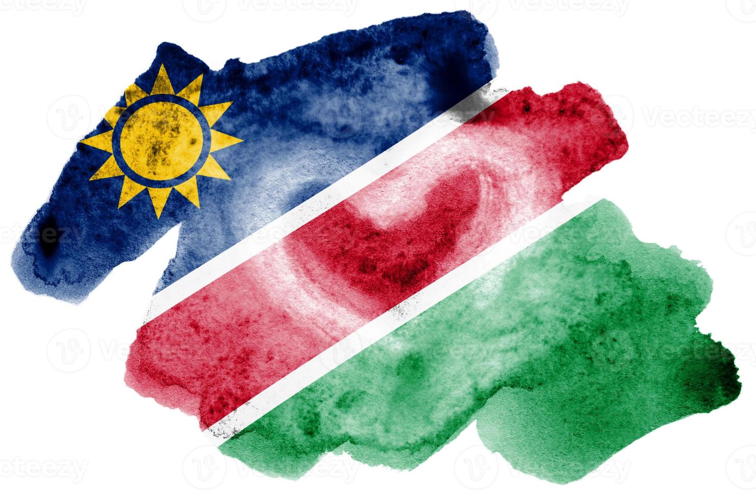 Namibia flag is depicted in liquid watercolor style isolated on white background photo