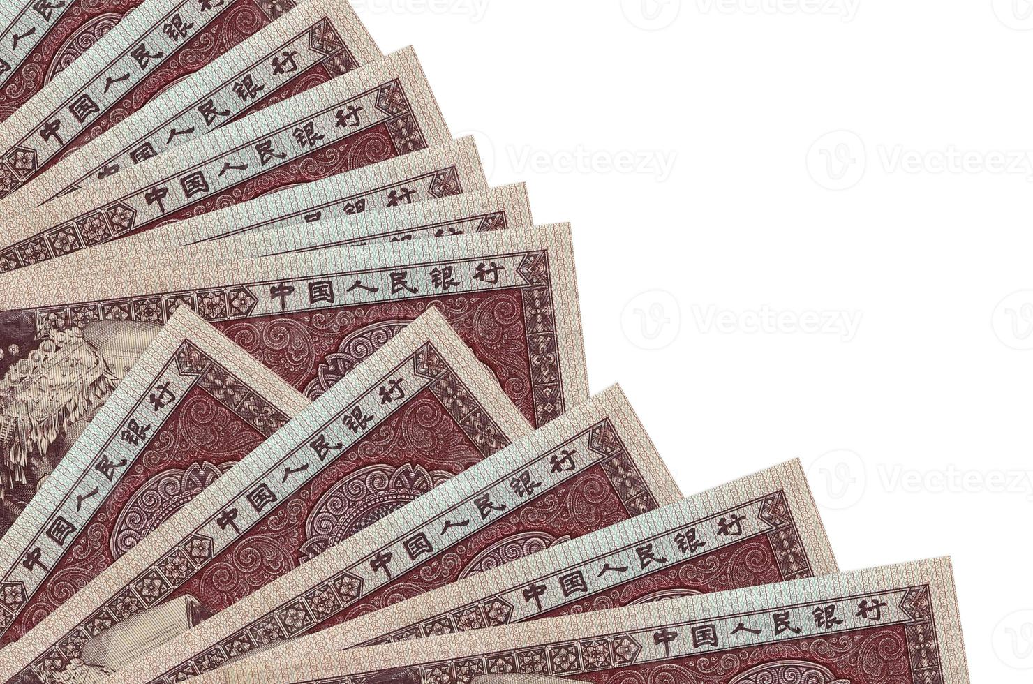 5 Chinese yuan bills lies isolated on white background with copy space stacked in fan close up photo
