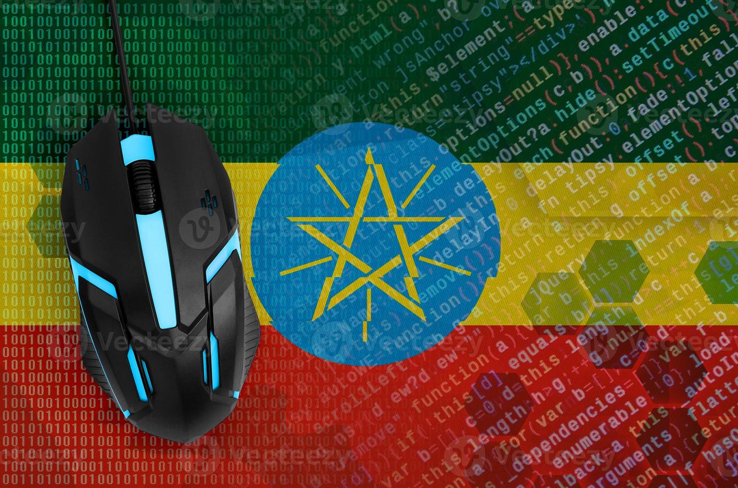 Ethiopia flag and computer mouse. Digital threat, illegal actions on the Internet photo