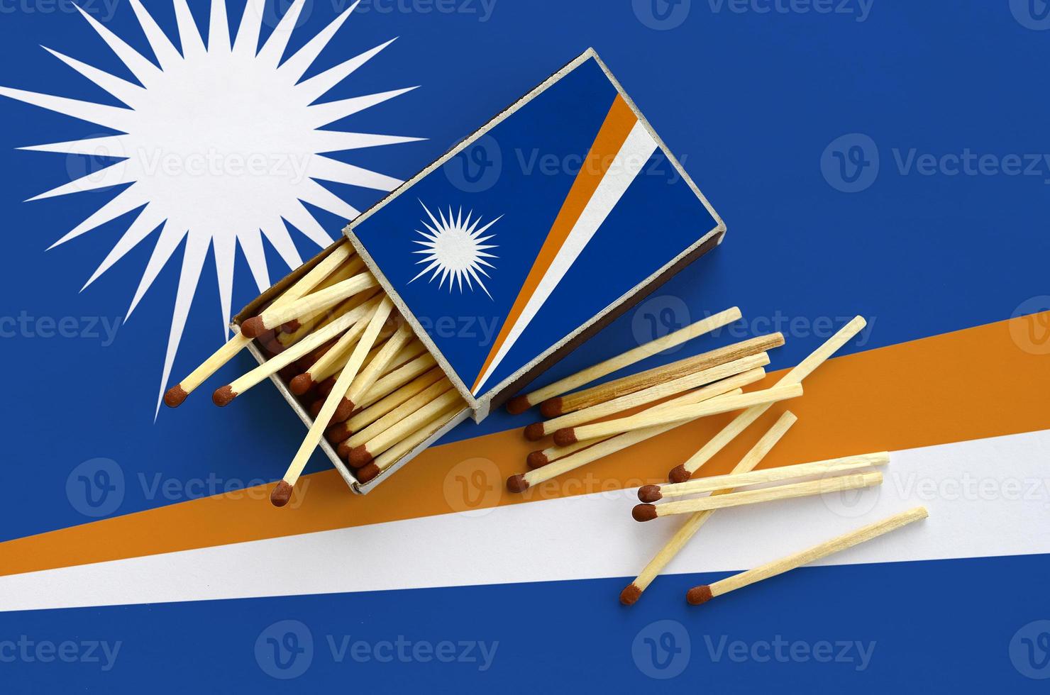 Marshall Islands flag is shown on an open matchbox, from which several matches fall and lies on a large flag photo