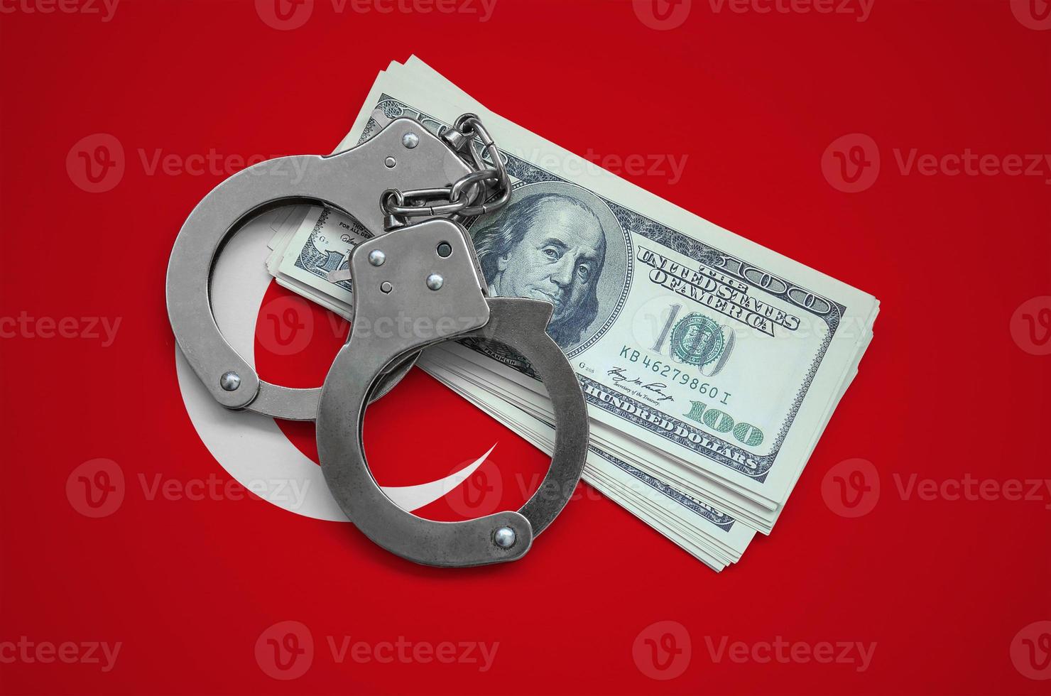 Turkey flag with handcuffs and a bundle of dollars. Currency corruption in the country. Financial crimes photo