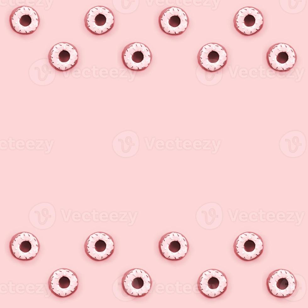 Many small plastic donuts lies on a pastel colorful background. Flat lay minimal pattern. Top view photo