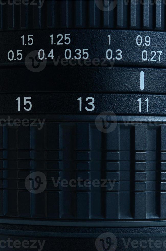 Fragment of a wide angle zoom lens for a modern SLR camera. The set of distance values is indicated by white numbers on the black body photo