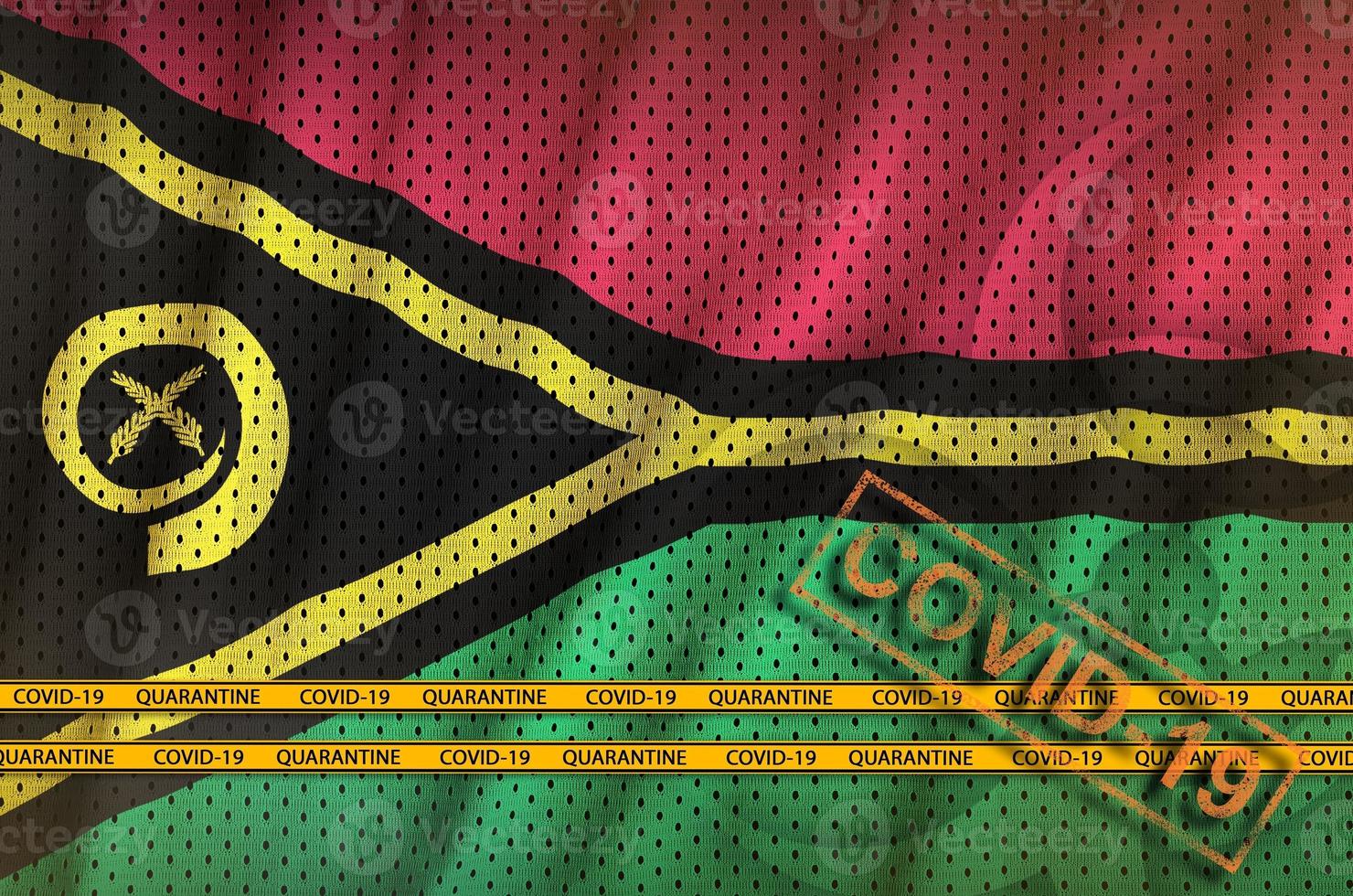 Vanuatu flag and orange Covid-19 stamp with border tape. Coronavirus or 2019-nCov virus concept photo