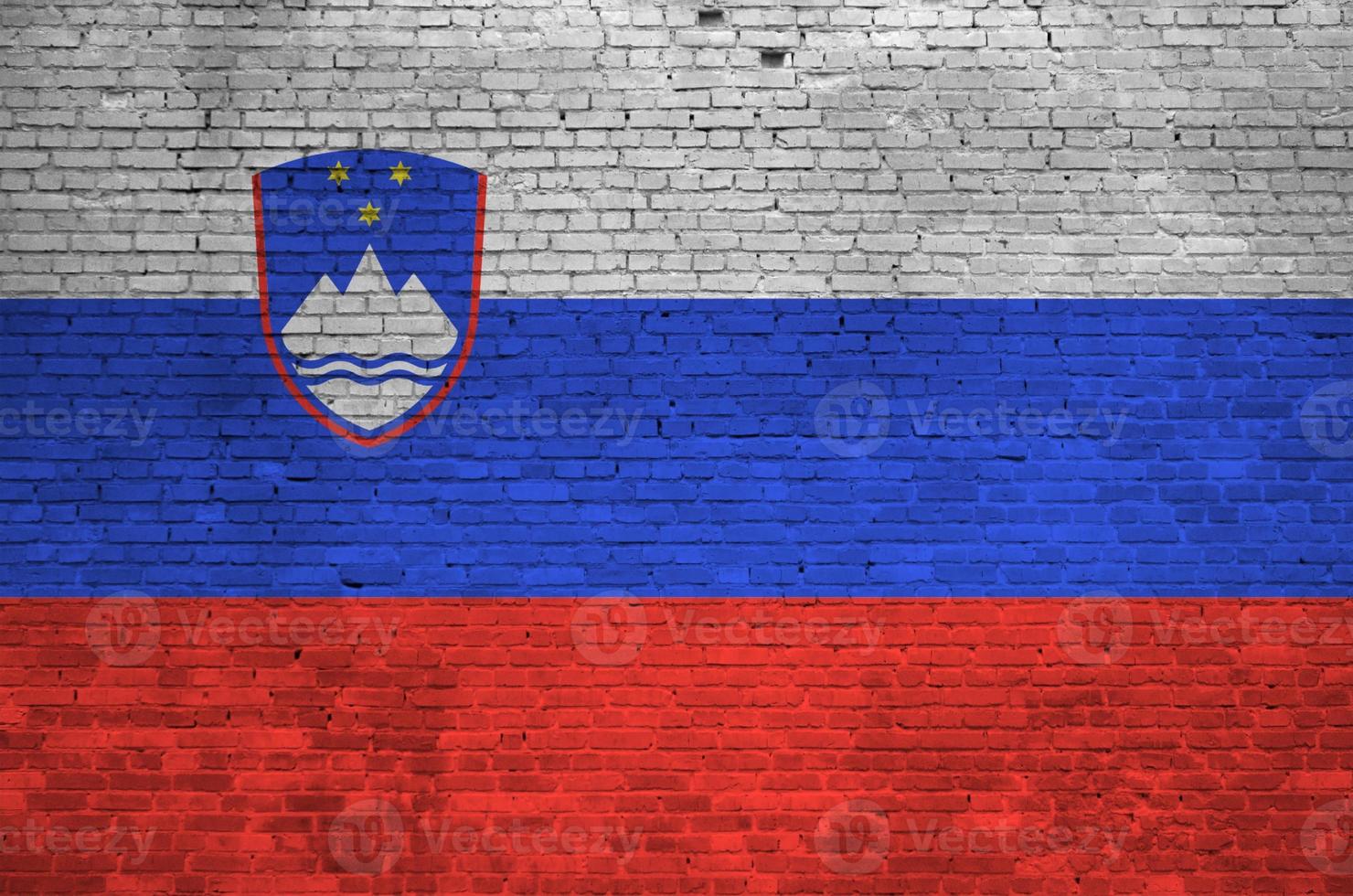 Slovenia flag depicted in paint colors on old brick wall. Textured banner on big brick wall masonry background photo