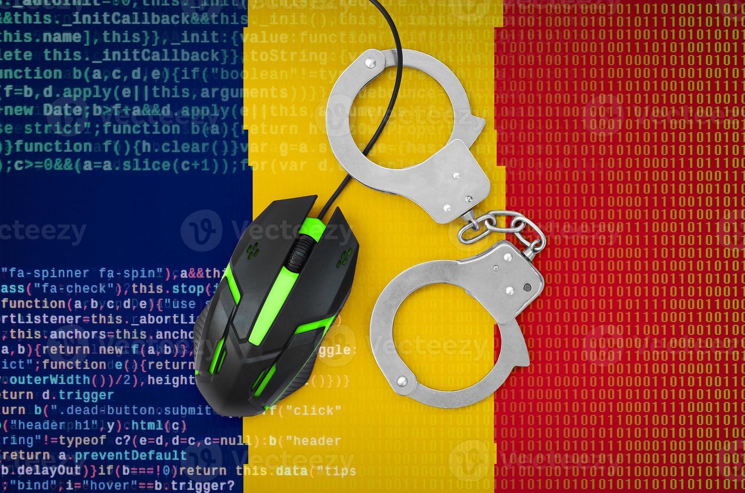 Chad flag and handcuffed computer mouse. Combating computer crime, hackers and piracy photo