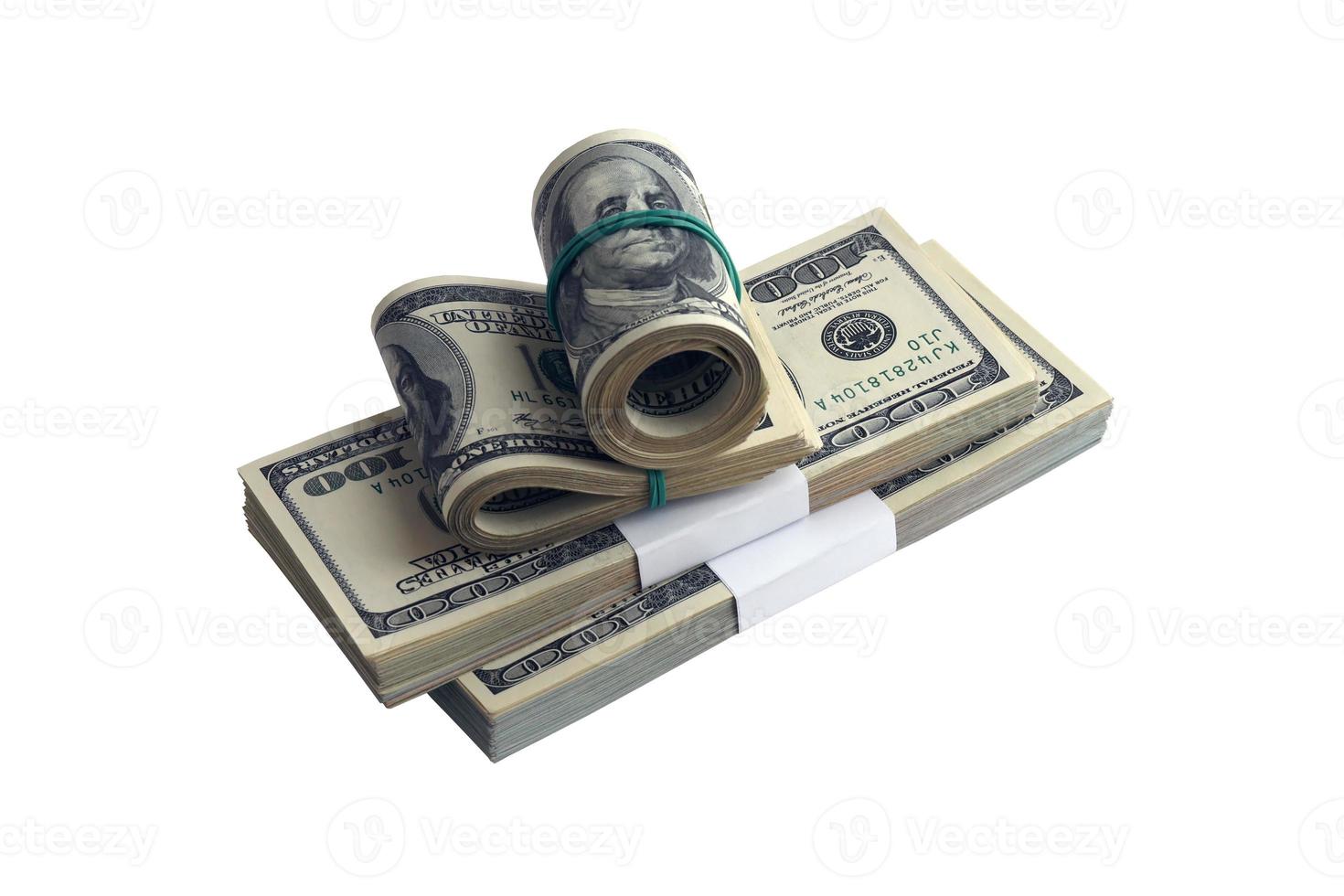 Bundle of US dollar bills isolated on white. Pack of american money with high resolution on perfect white background photo
