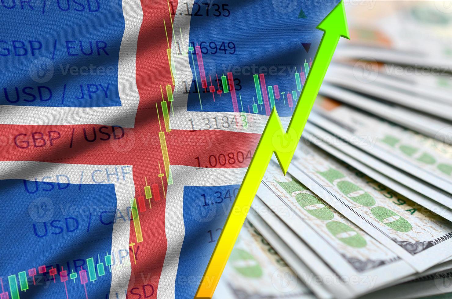 Iceland flag and chart growing US dollar position with a fan of dollar