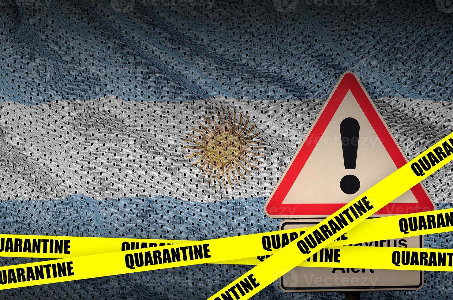 Argentina flag and Covid-19 quarantine yellow tape. Coronavirus or 2019-nCov virus photo