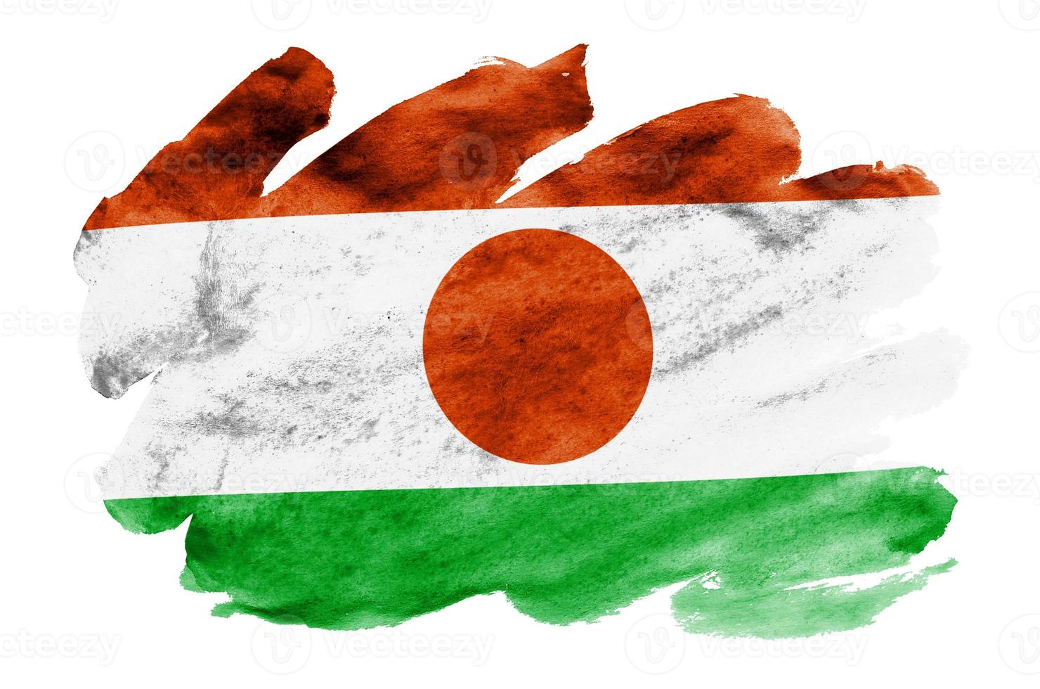 Niger flag is depicted in liquid watercolor style isolated on white background photo