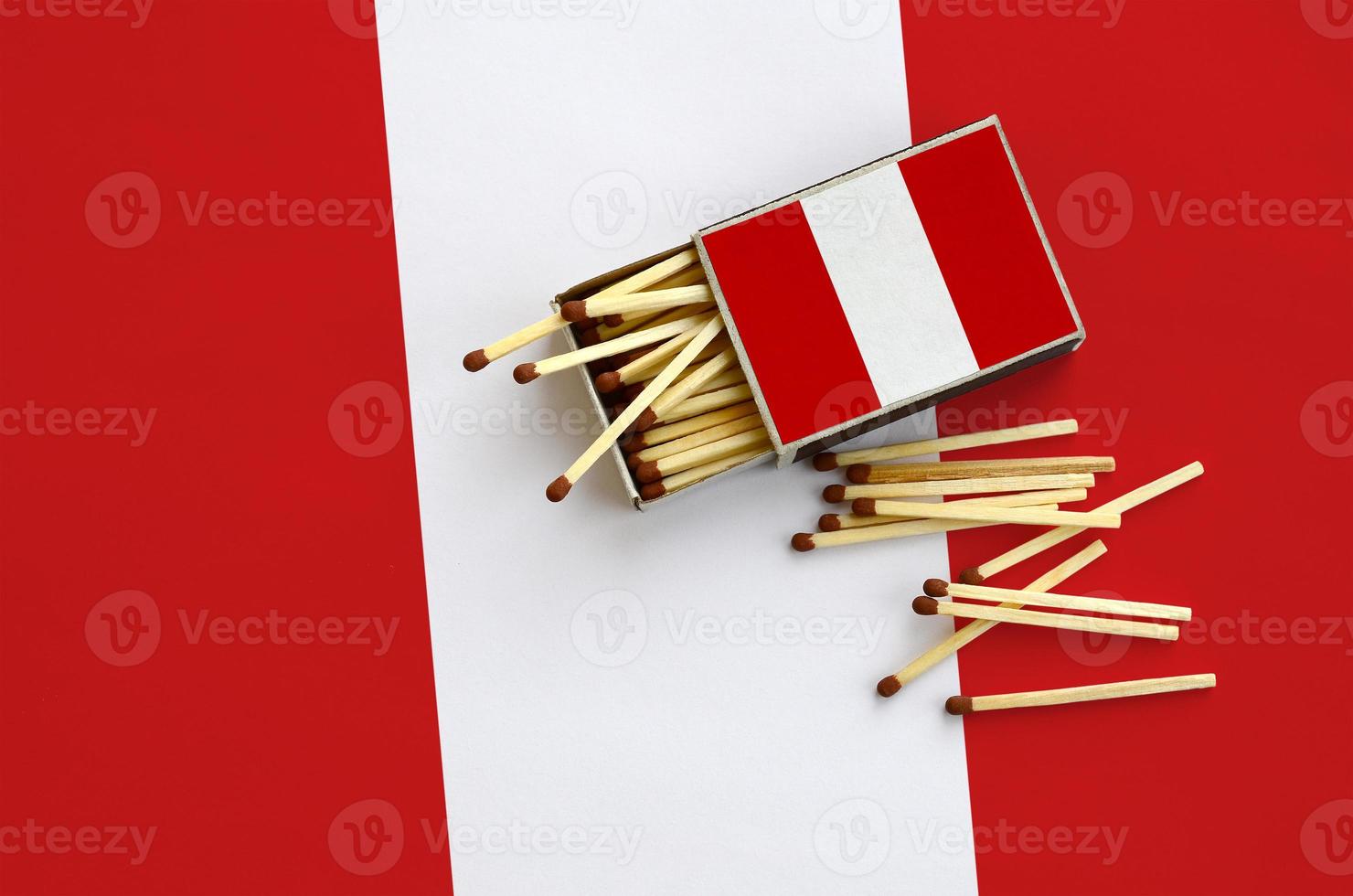 Peru flag is shown on an open matchbox, from which several matches fall and lies on a large flag photo