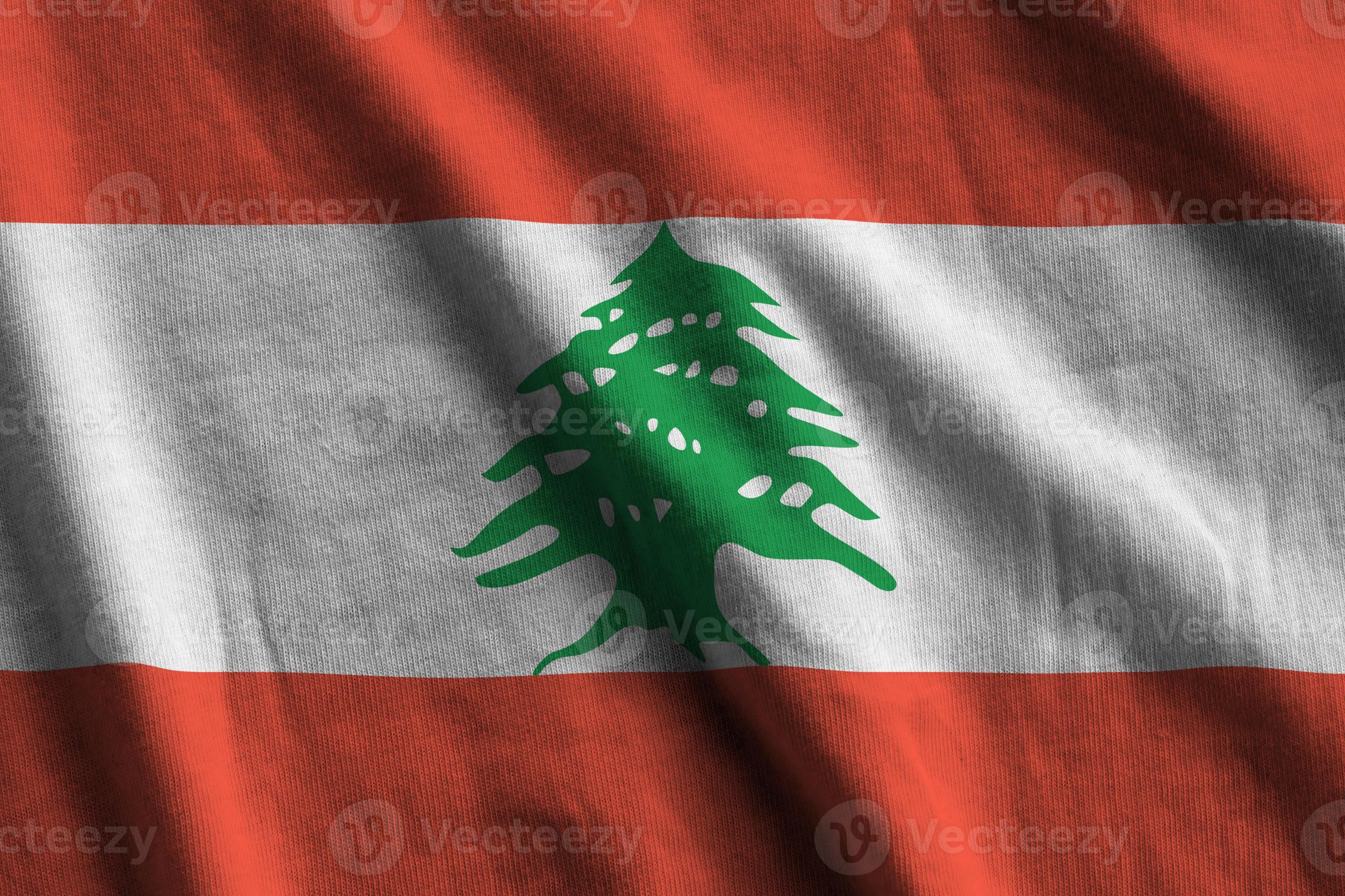 Lebanon flag with big folds waving close up under the studio light