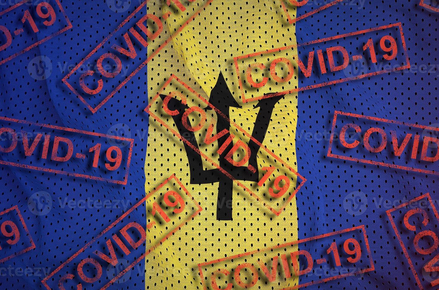 Barbados flag and many red Covid-19 stamps. Coronavirus or 2019-nCov virus concept photo