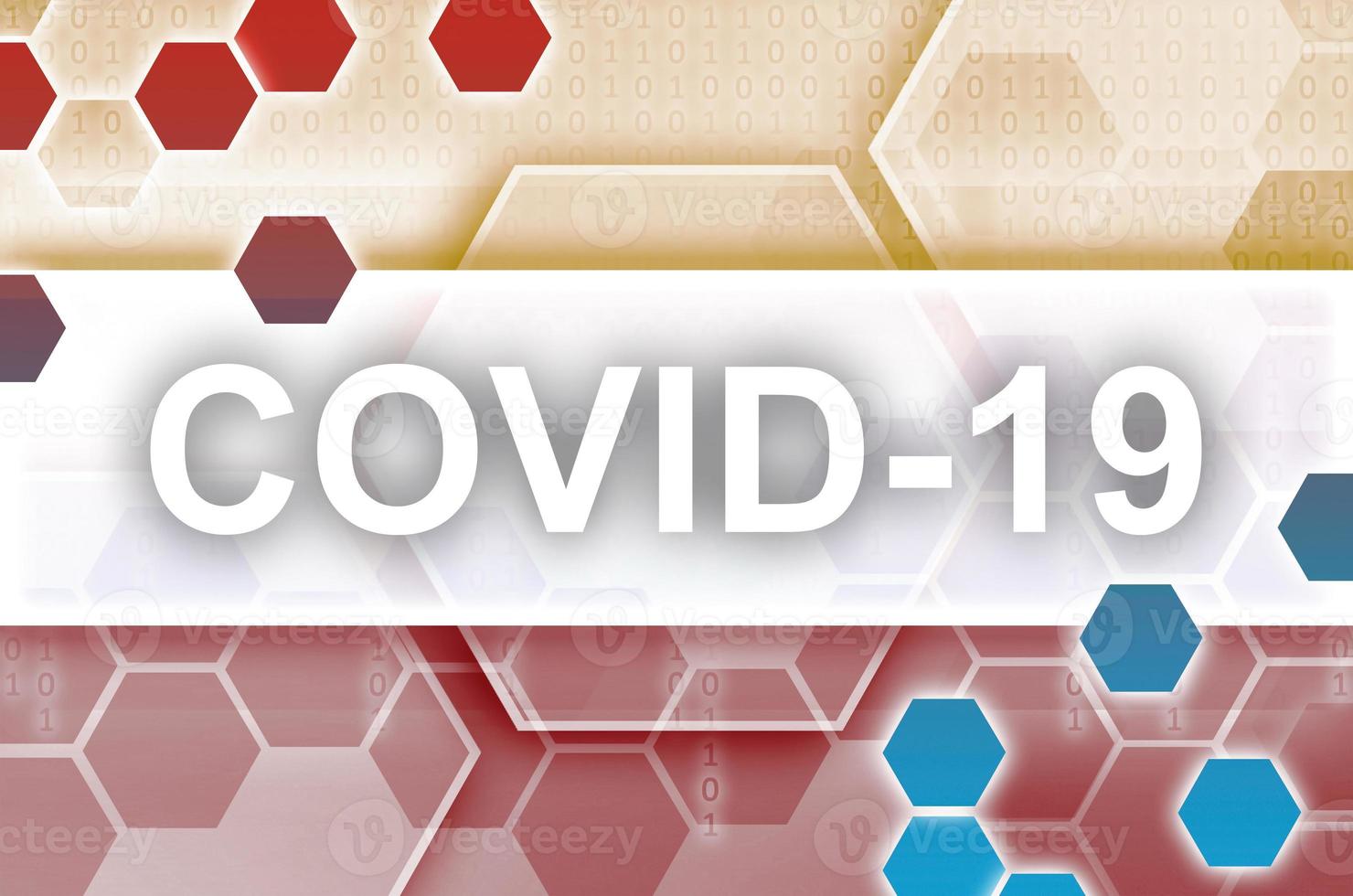 Lithuania flag and futuristic digital abstract composition with Covid-19 inscription. Coronavirus outbreak concept photo