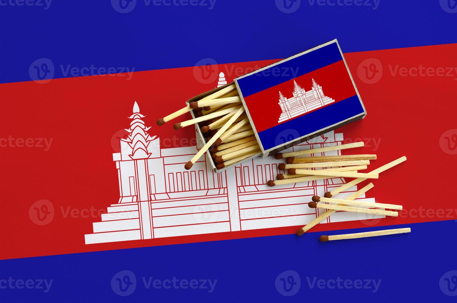 Cambodia flag is shown on an open matchbox, from which several matches fall and lies on a large flag photo