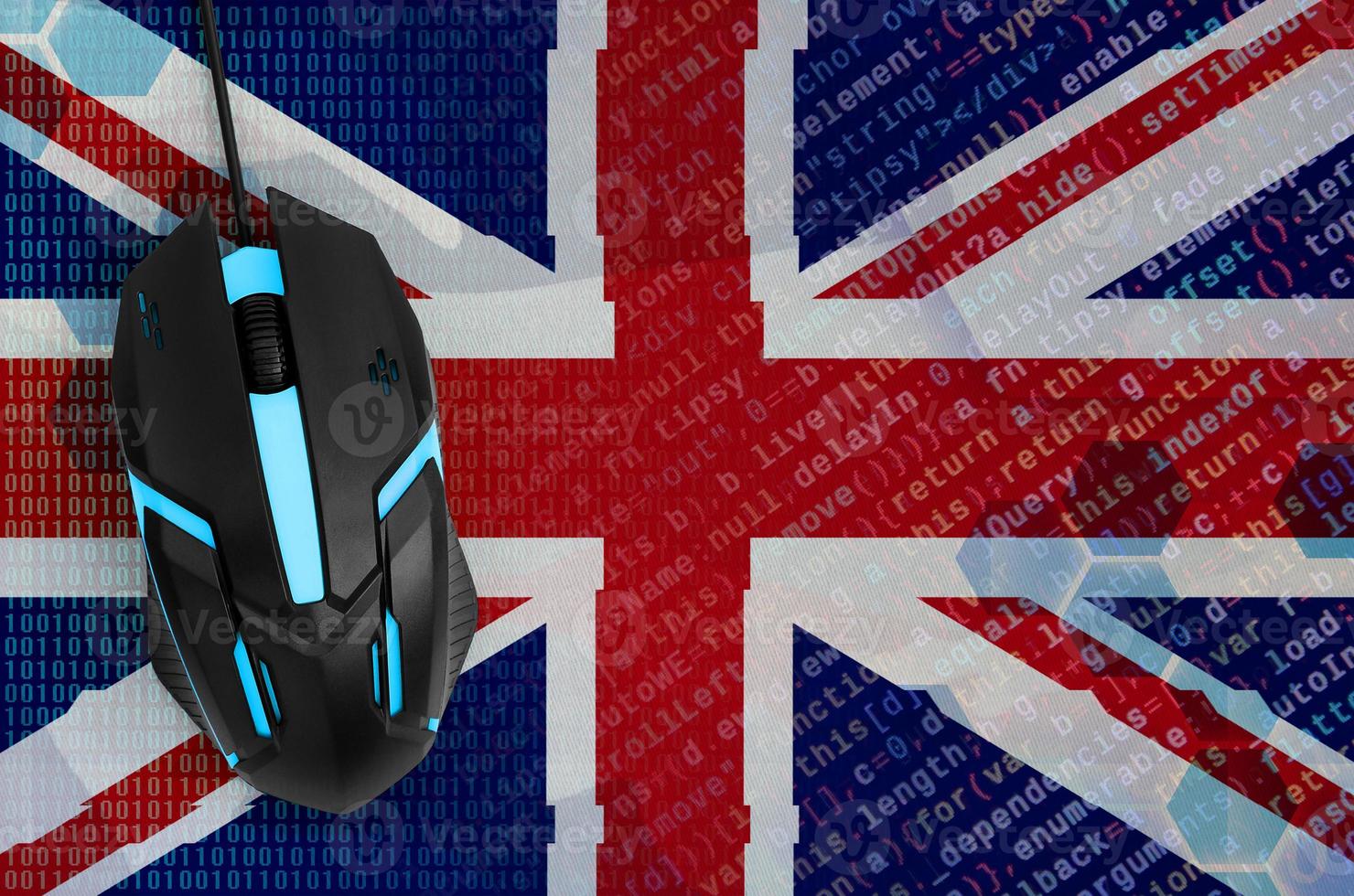 Great britain flag and computer mouse. Digital threat, illegal actions on the Internet photo