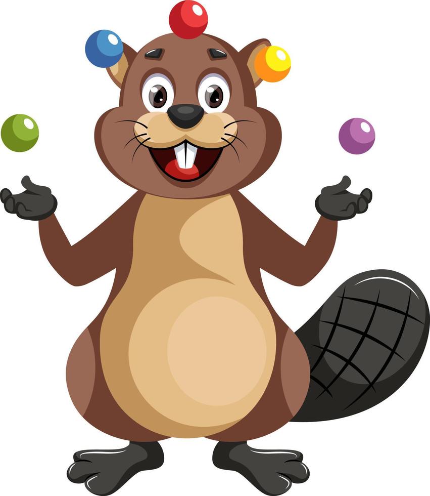 Beaver juggling, illustration, vector on white background.
