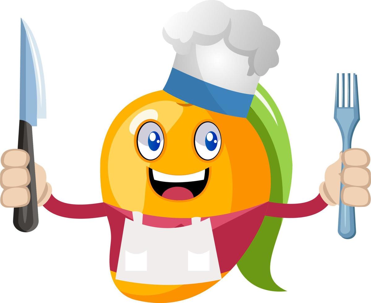 Mango holding knife and fork, illustration, vector on white background.