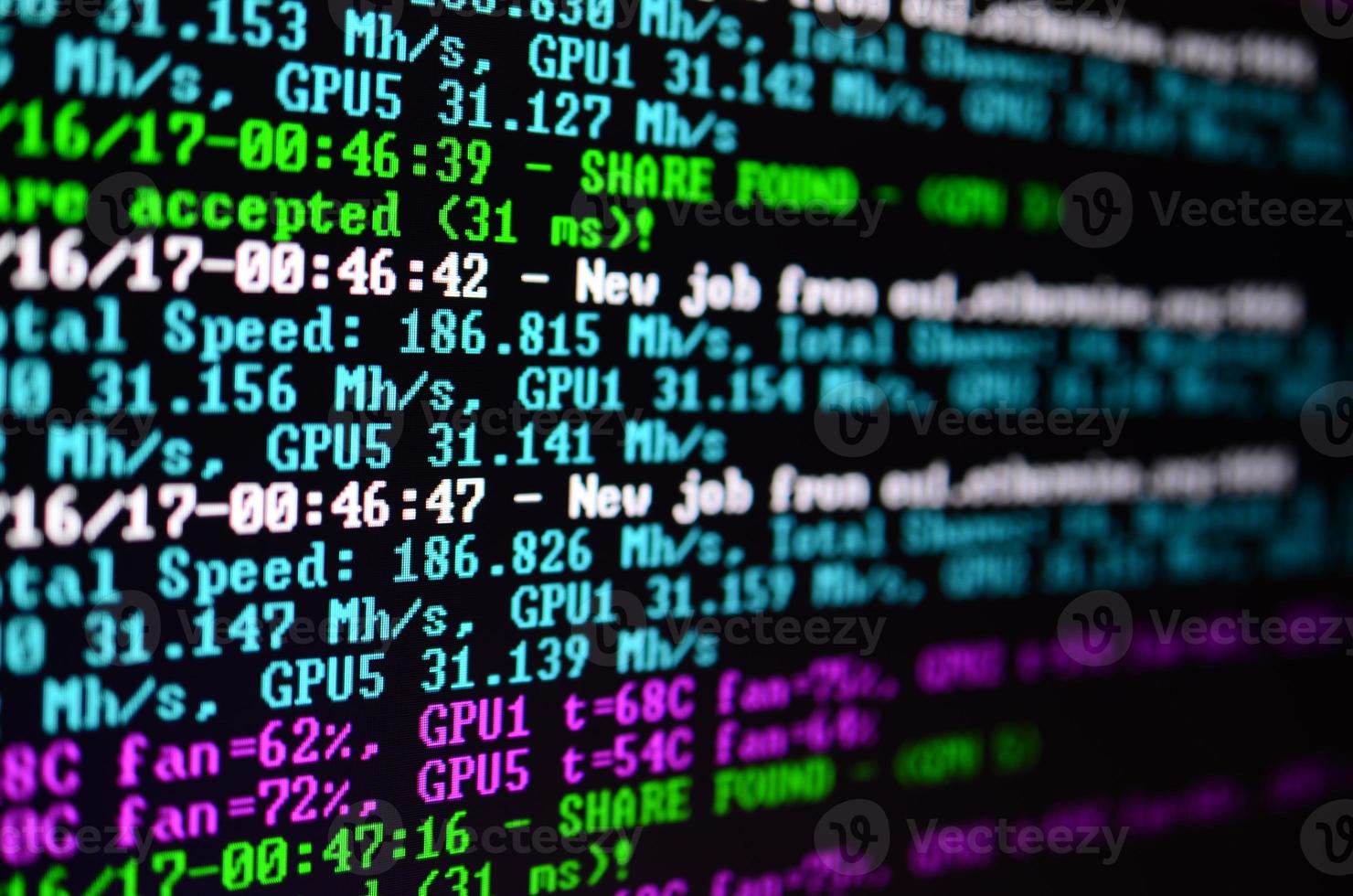 Macro snapshot of the program interface for crypto currency mining on the monitor of an office computer. The concept of mining bitcoins. The flow of information strings and data photo