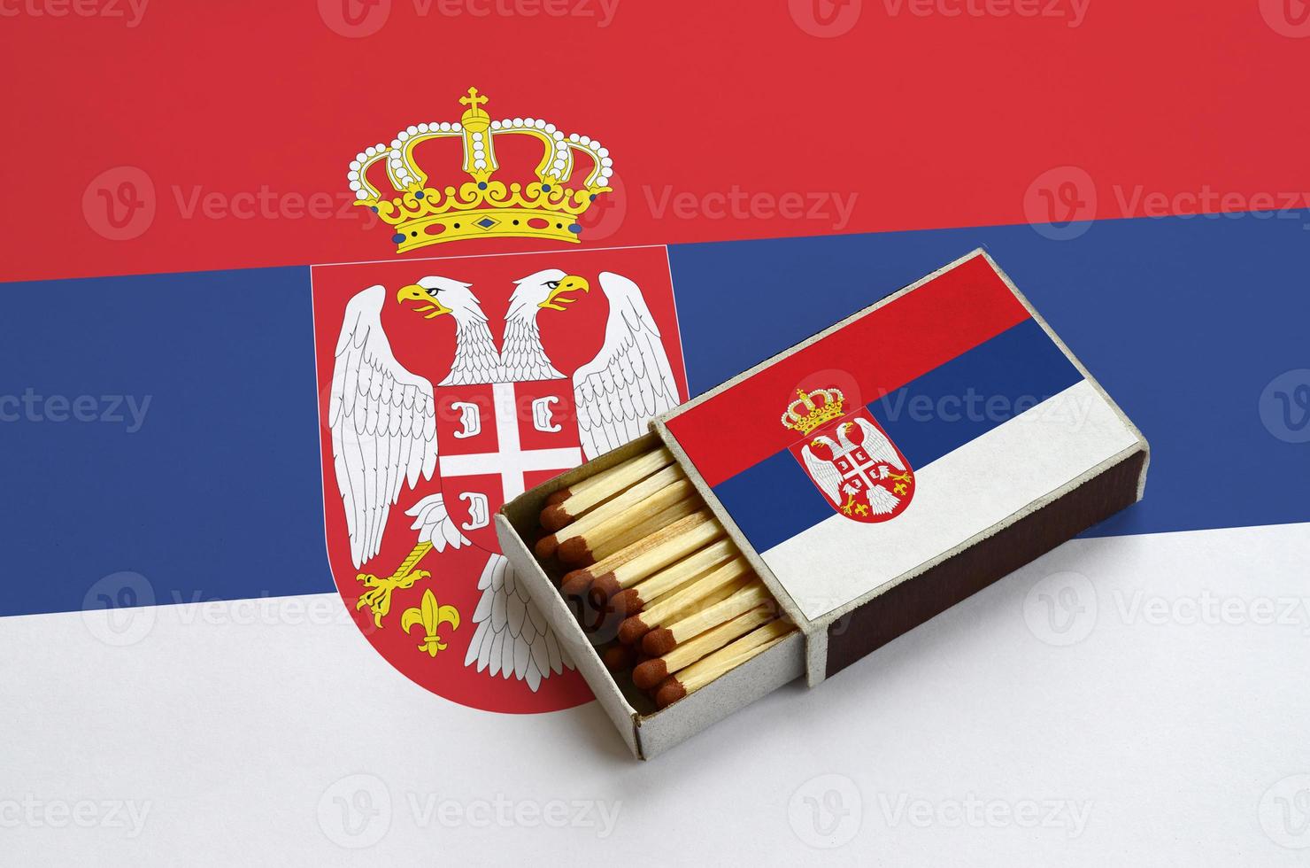Serbia flag is shown in an open matchbox, which is filled with matches and lies on a large flag photo
