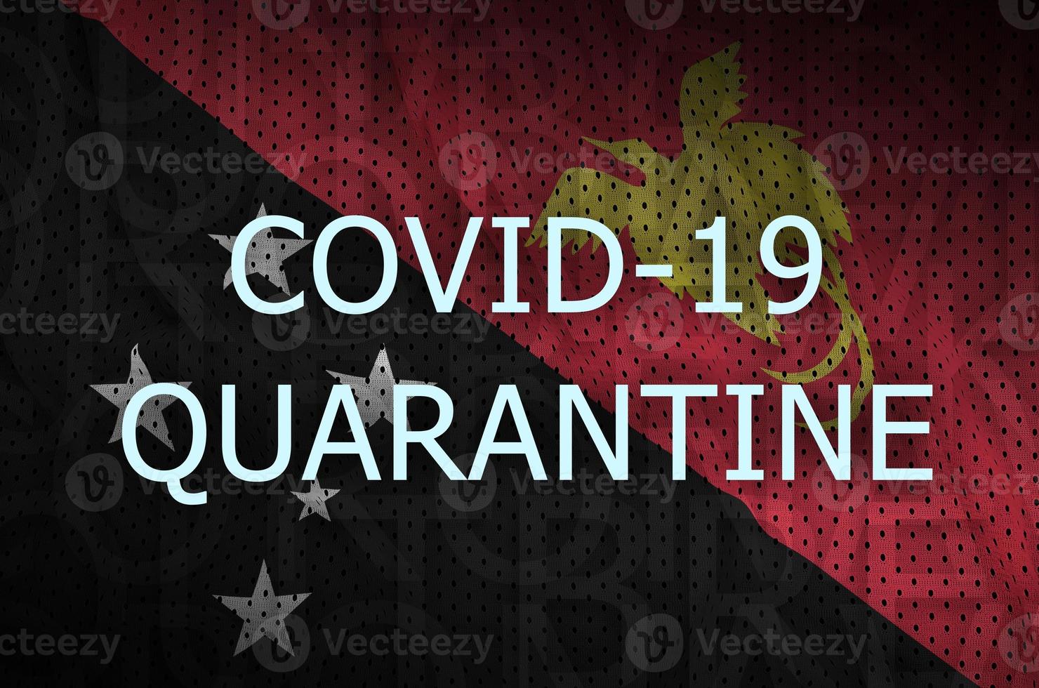 bandera de papua nueva guinea e inscripción de cuarentena covid-19. coronavirus o virus 2019-ncov foto