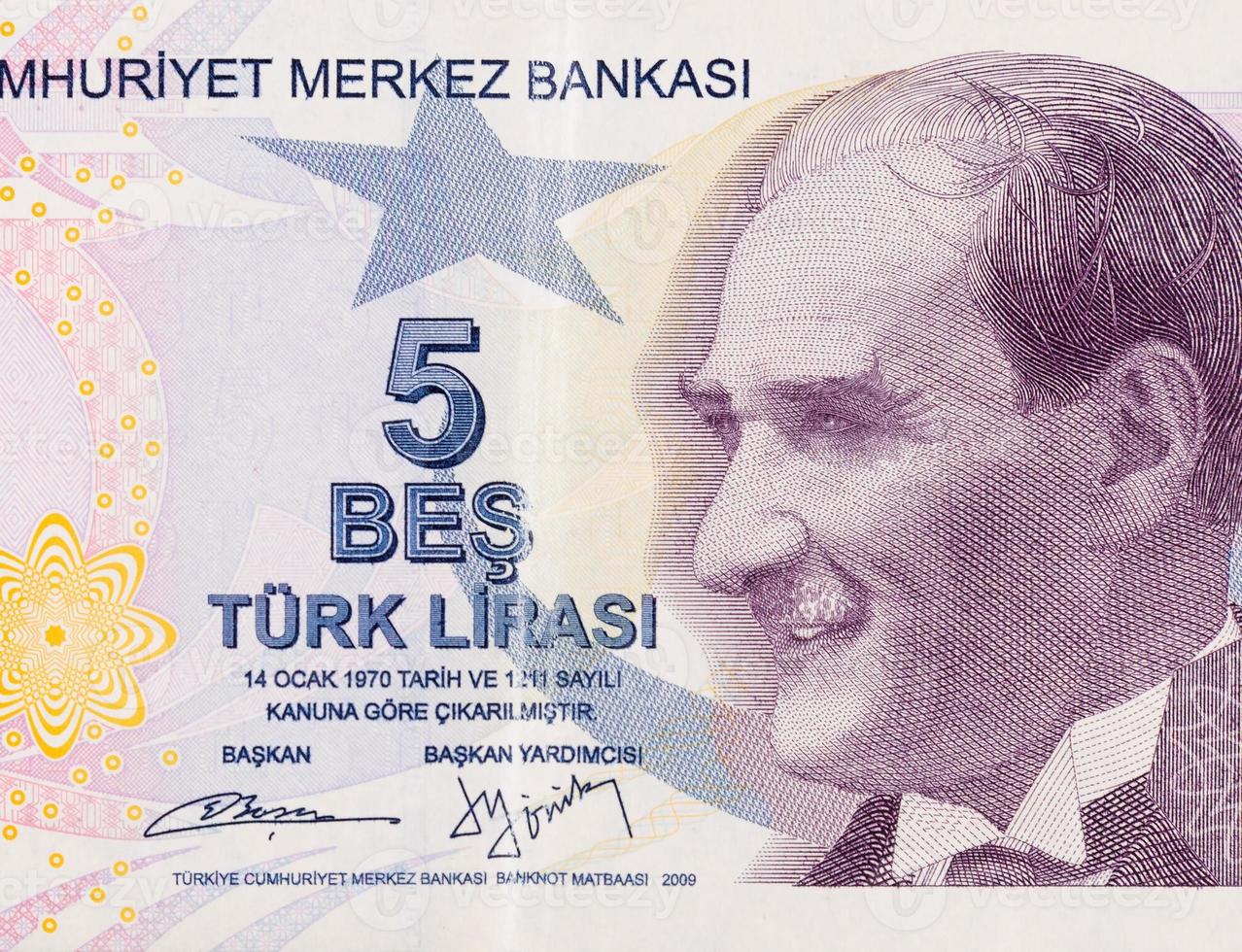 President Mustafa Kemal Ataturk Portrait from Turkey 5 Lira 2009 Banknotes photo