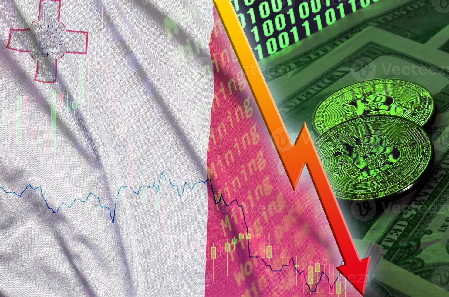 Malta flag and cryptocurrency falling trend with two bitcoins on dollar bills and binary code display photo