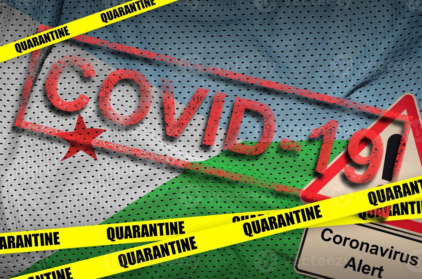 Djibouti flag and Covid-19 quarantine yellow tape with red stamp. Coronavirus or 2019-nCov virus photo