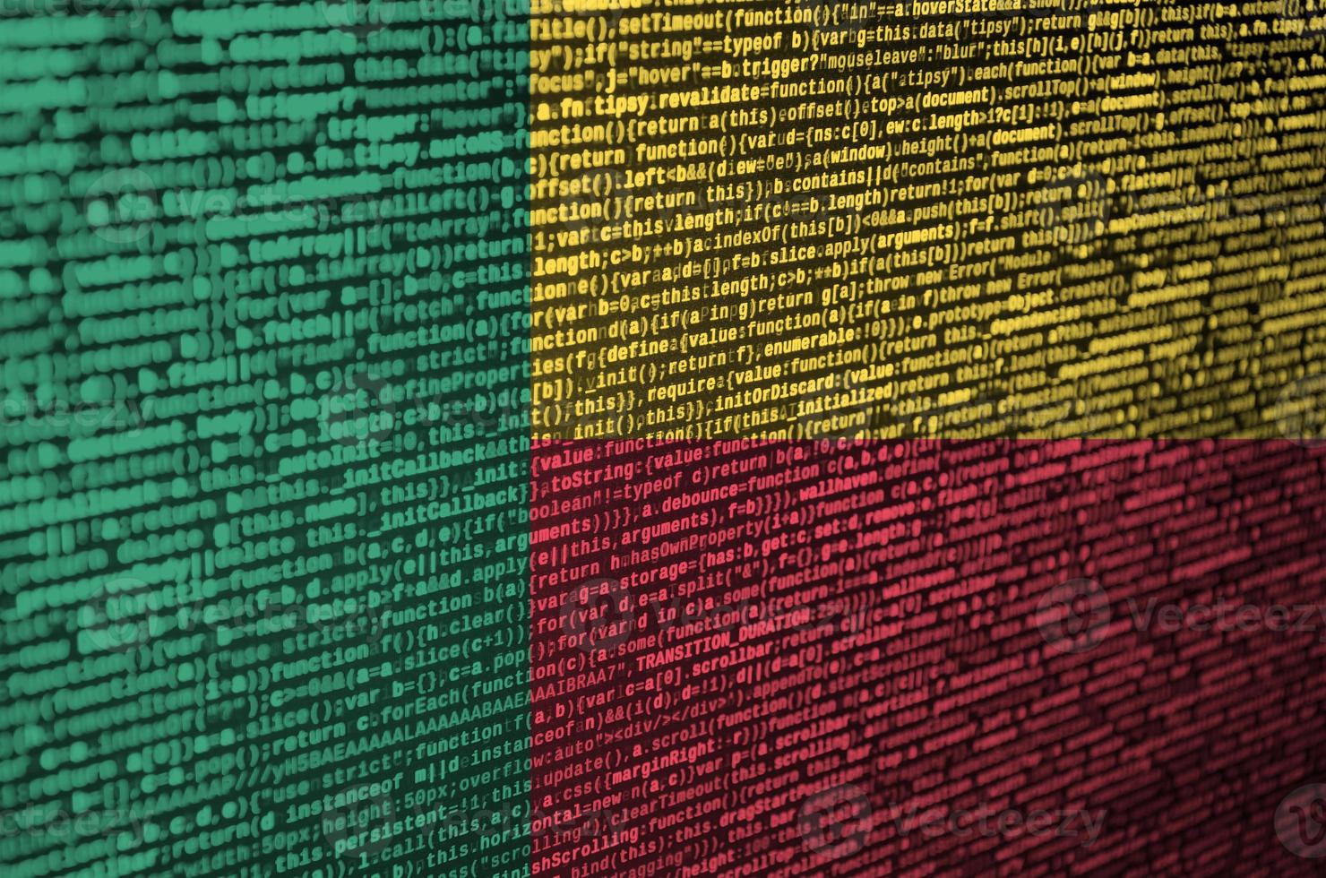 Benin flag is depicted on the screen with the program code. The concept of modern technology and site development photo