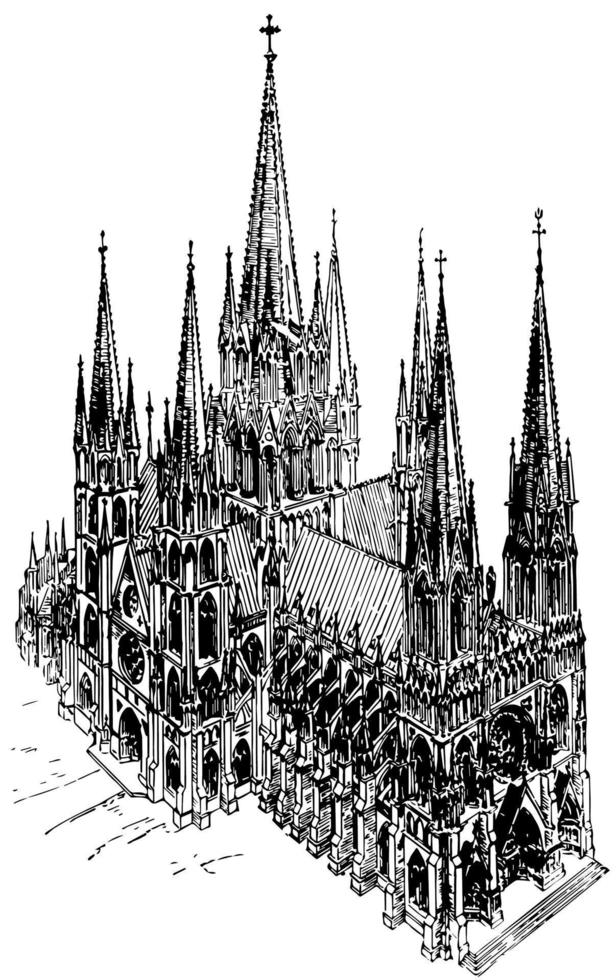 Cathedral, pointed towers,  vintage engraving. vector