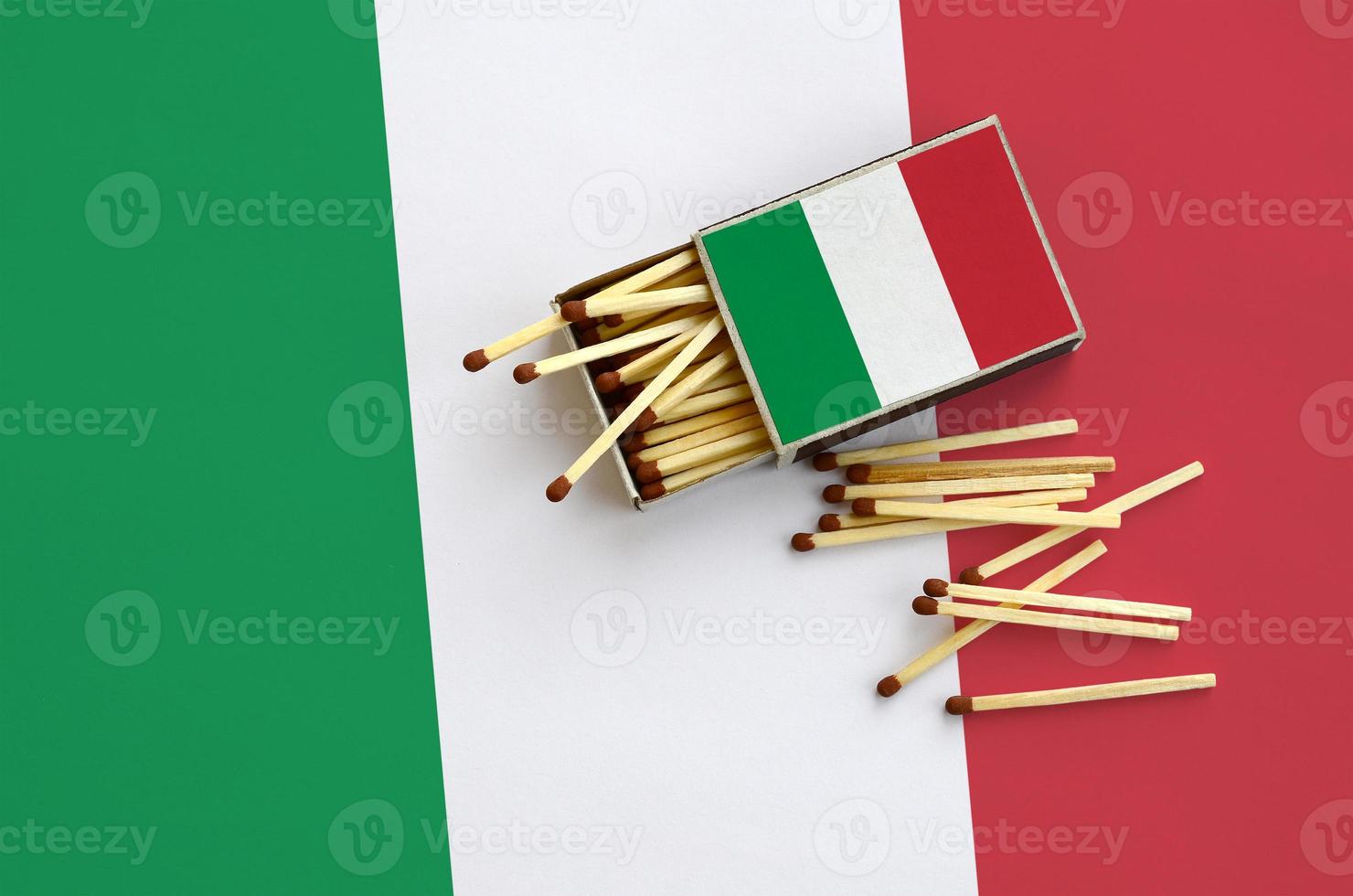 Italy flag is shown on an open matchbox, from which several matches fall and lies on a large flag photo