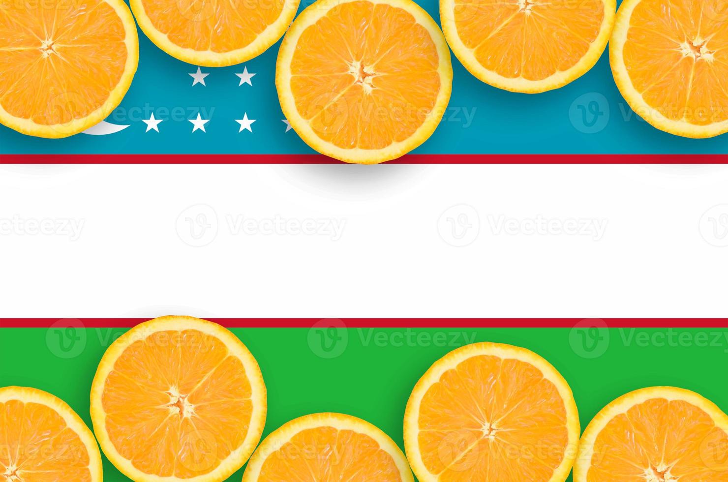 Uzbekistan flag in citrus fruit slices horizontal frame photo