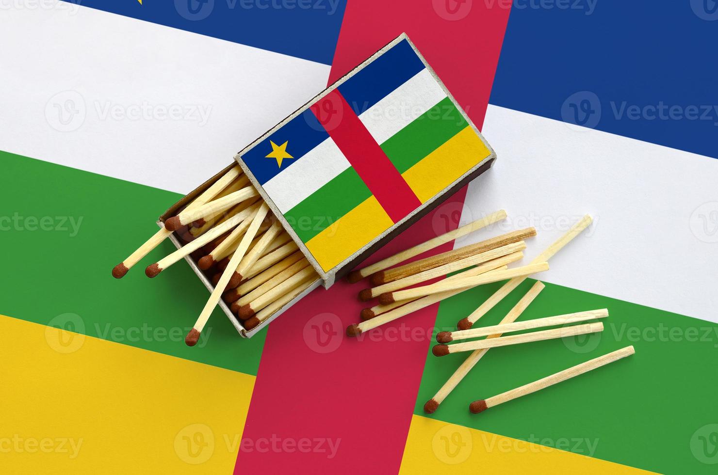 Central African Republic flag is shown on an open matchbox, from which several matches fall and lies on a large flag photo