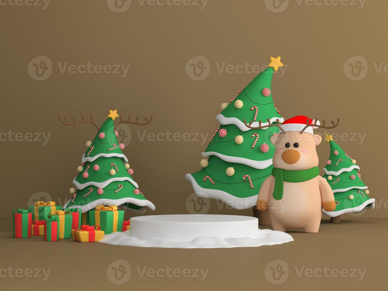 Abstract Christmas background with reindeer, brown color ,podium design for showcase or product display , 3d rendering. photo