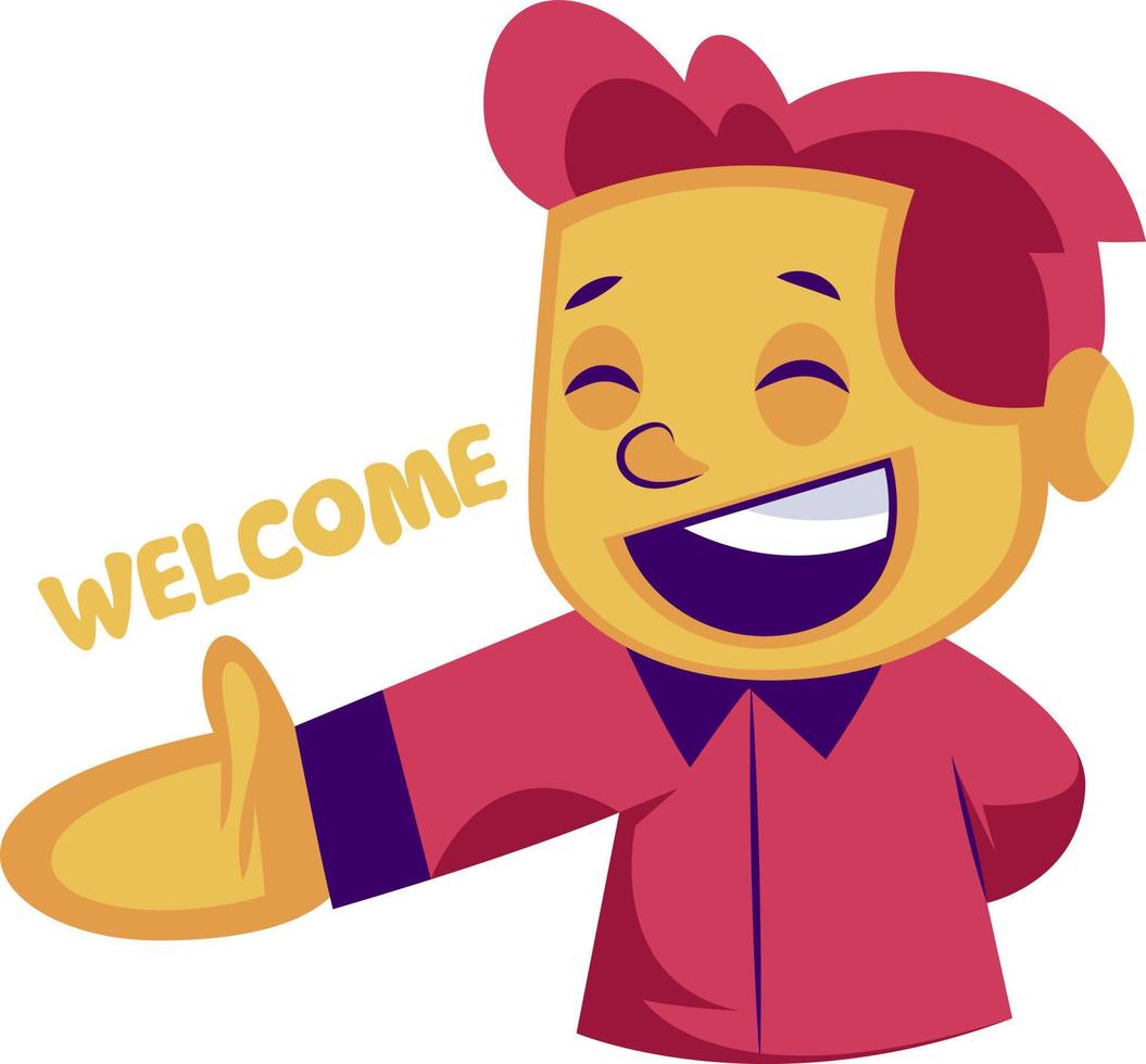 Smilling boy wth pink hair welcoming vector illustration on a white background