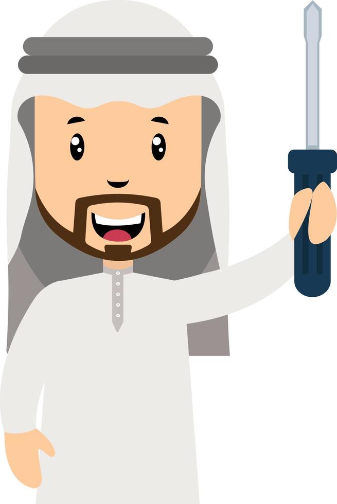 Arab men with screwdriver, illustration, vector on white background.