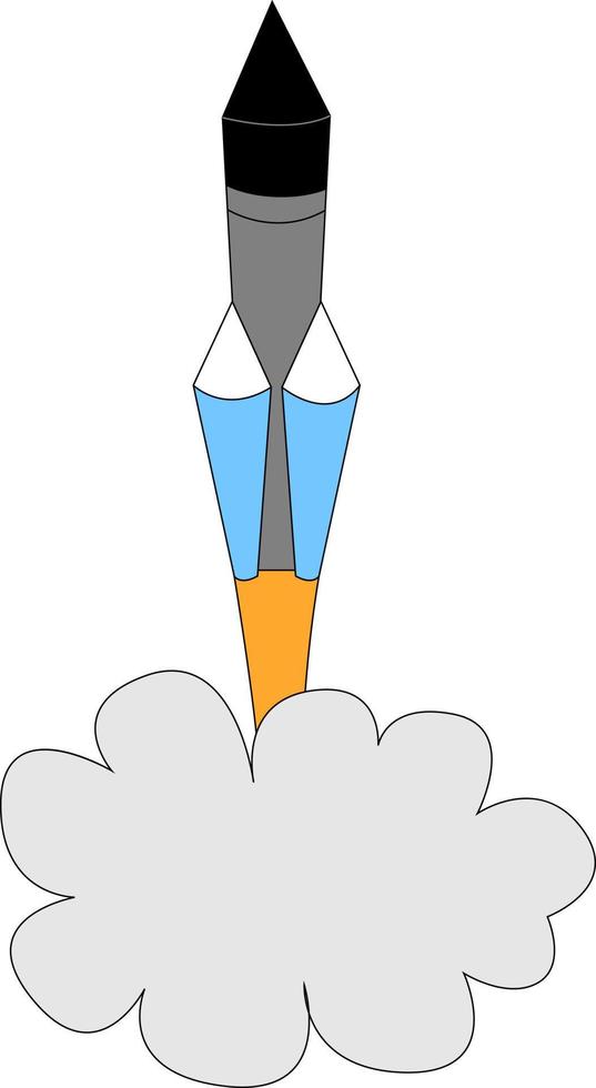 Cohete volador en el espacio, ilustración, vector sobre fondo blanco.