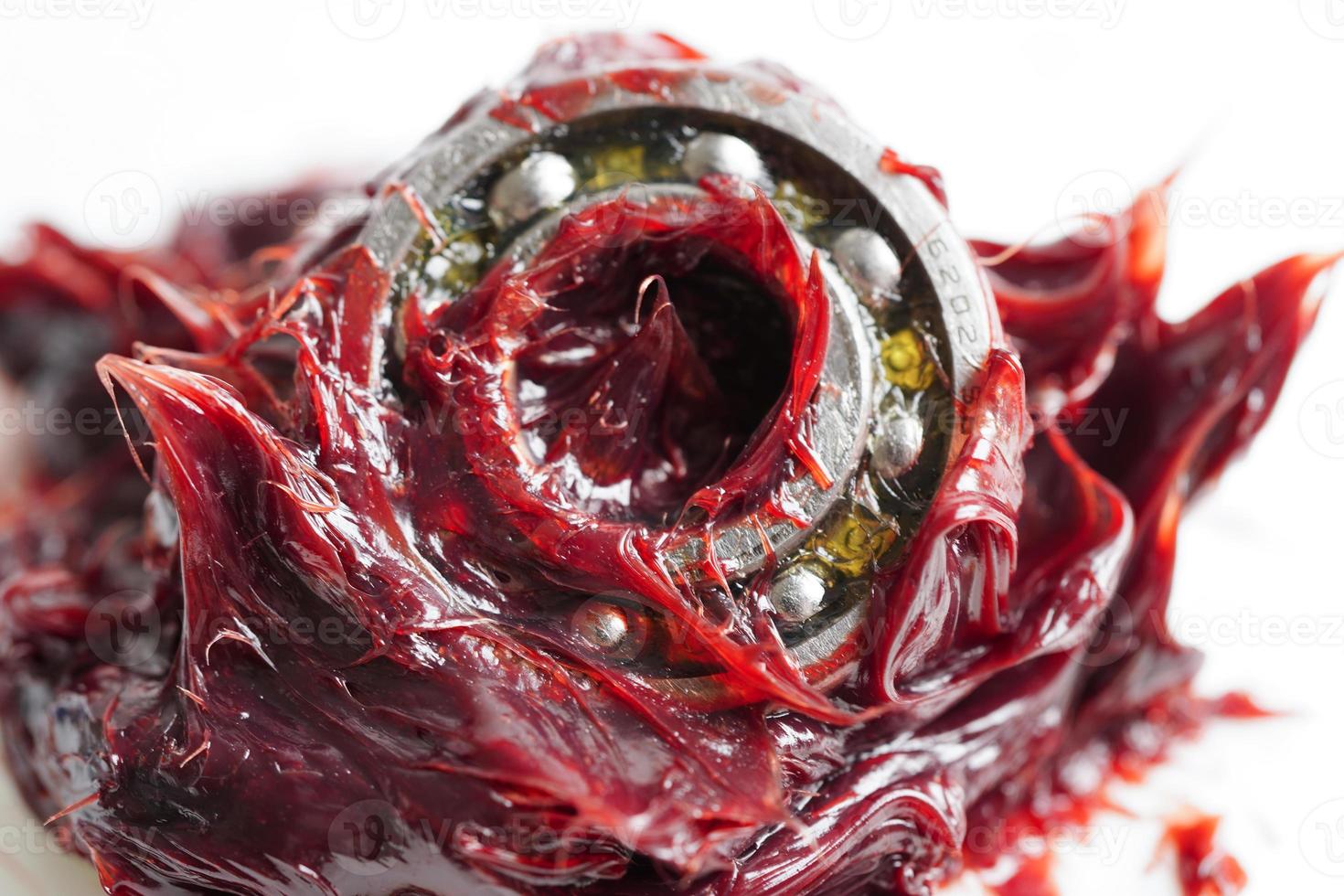 Grease and ball bearing, red excellent water resistance synthetic lithium complex grease for moving path and machinery lubrication for automotive and industrial. photo