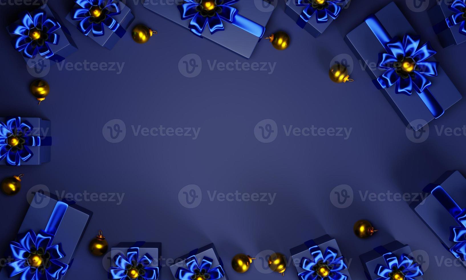 top view background with blue gift box and gold christmas decoration on 3d rendering photo