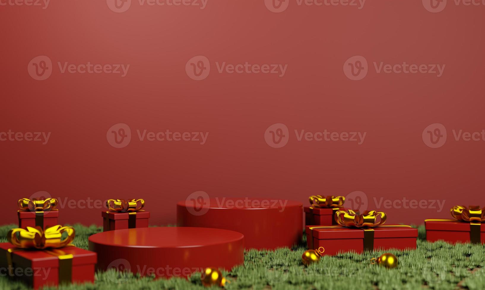 3d red podium with red gift box with gold ribbon and gold christmas decoration on 3d rendering photo