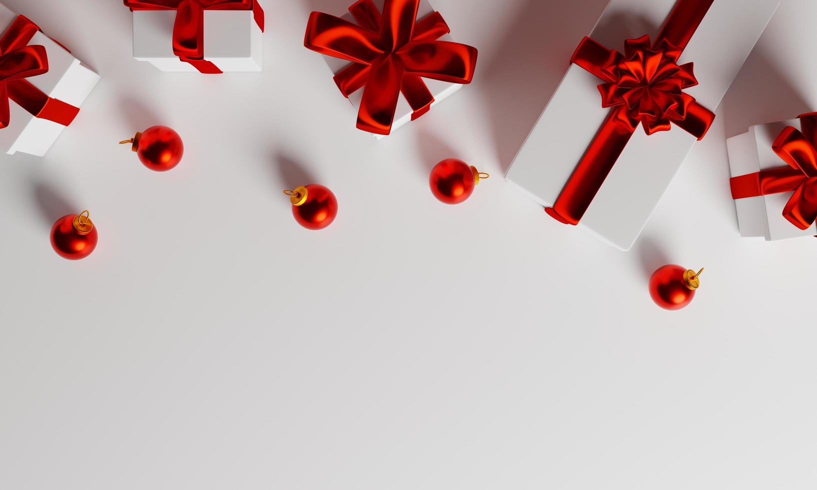 3d render christmas background with abstract white gift box. 3d white gift box with red ribbon on white background photo