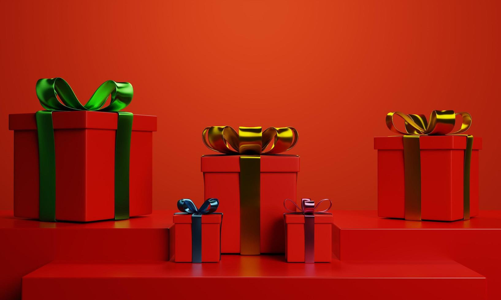 fondo de navidad y año nuevo. Caja de regalo roja 3d con fondo rojo en renderizado 3d foto